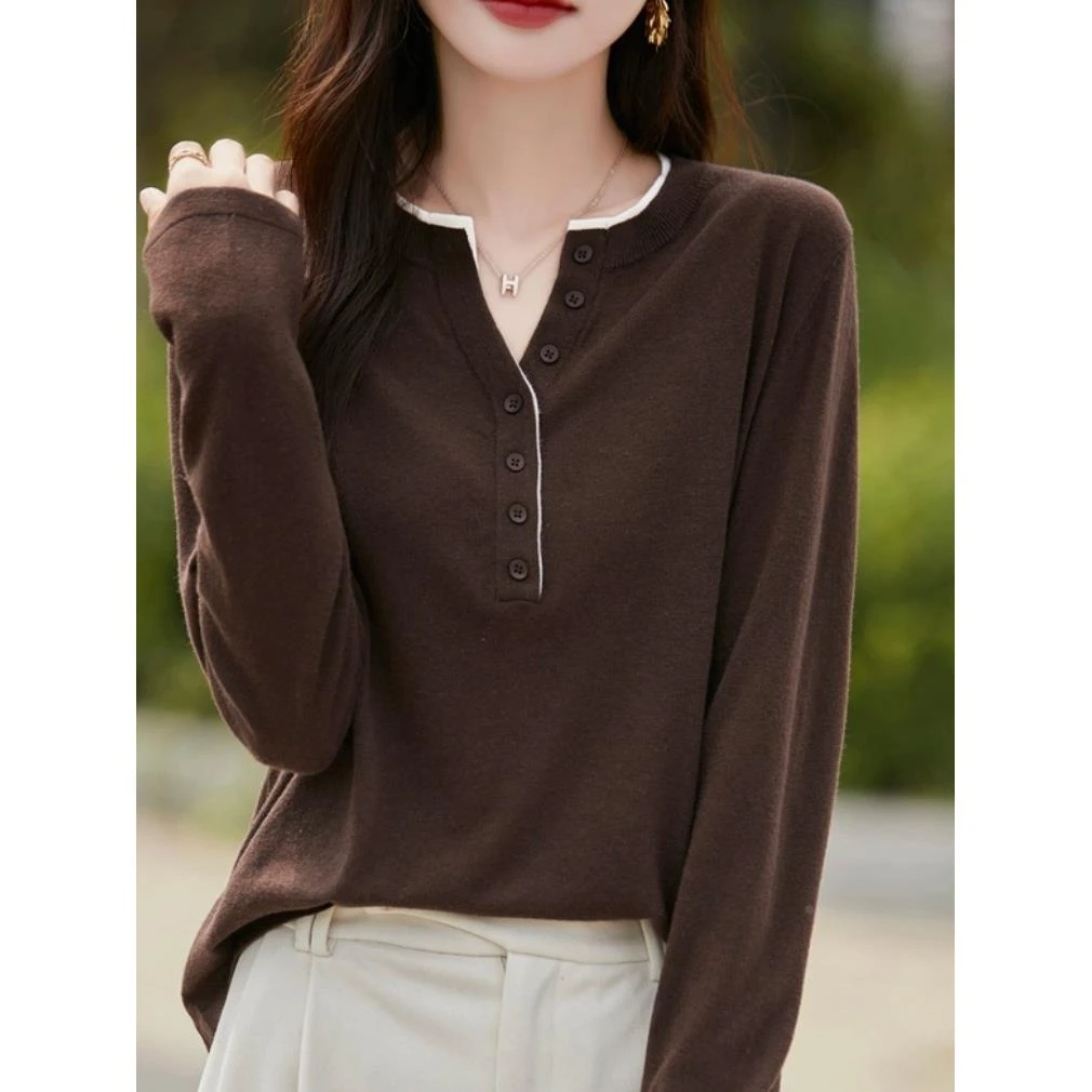 2025秋冬新款半开领撞色圆领套头羊毛衫女薄款纯色长袖上衣打底衫