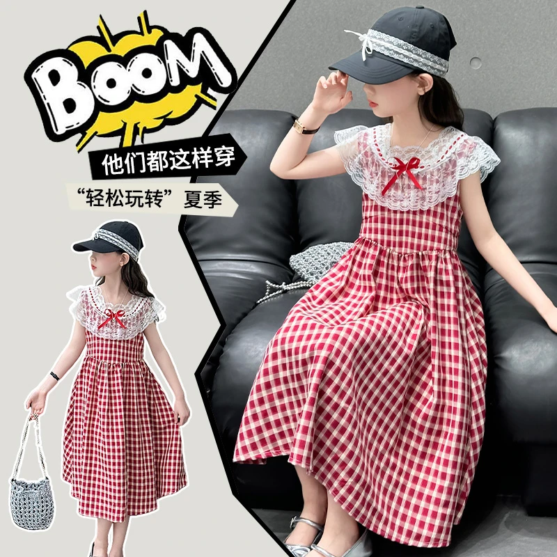 【香香妈】女童夏装新款红色格子蕾丝拼接连衣裙甜美洋气时尚中大童