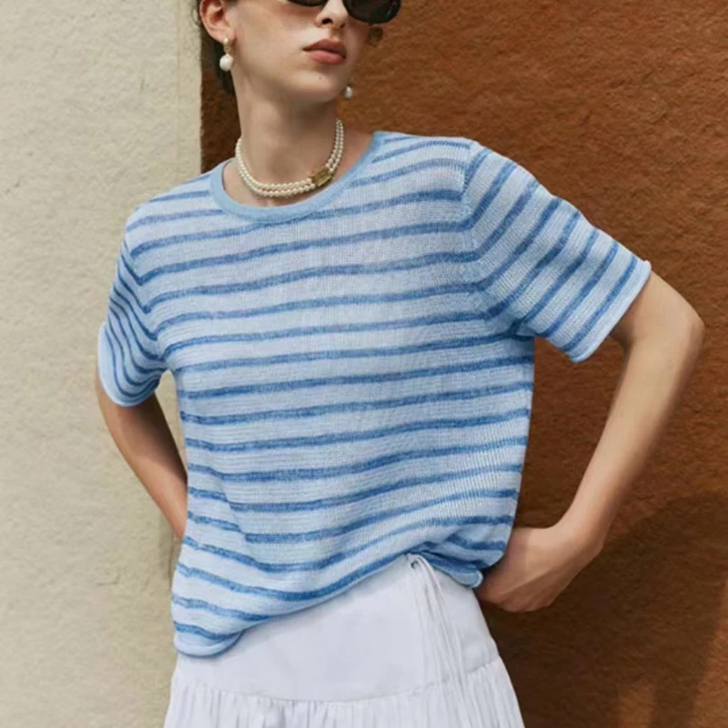 （小众撞色和纸亚麻短袖）夏季洋气别致宽松休闲百搭设计感上衣D