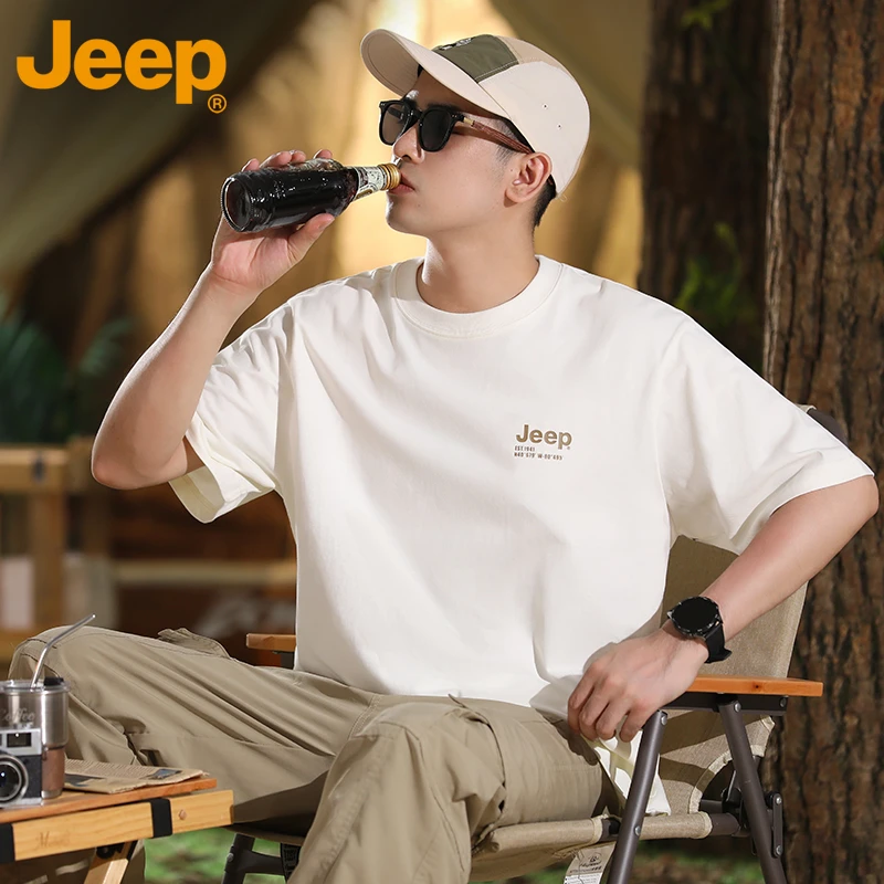 JEEP/吉普白色短袖T恤男款纯棉夏季圆领上衣印花宽松爆款2025新款