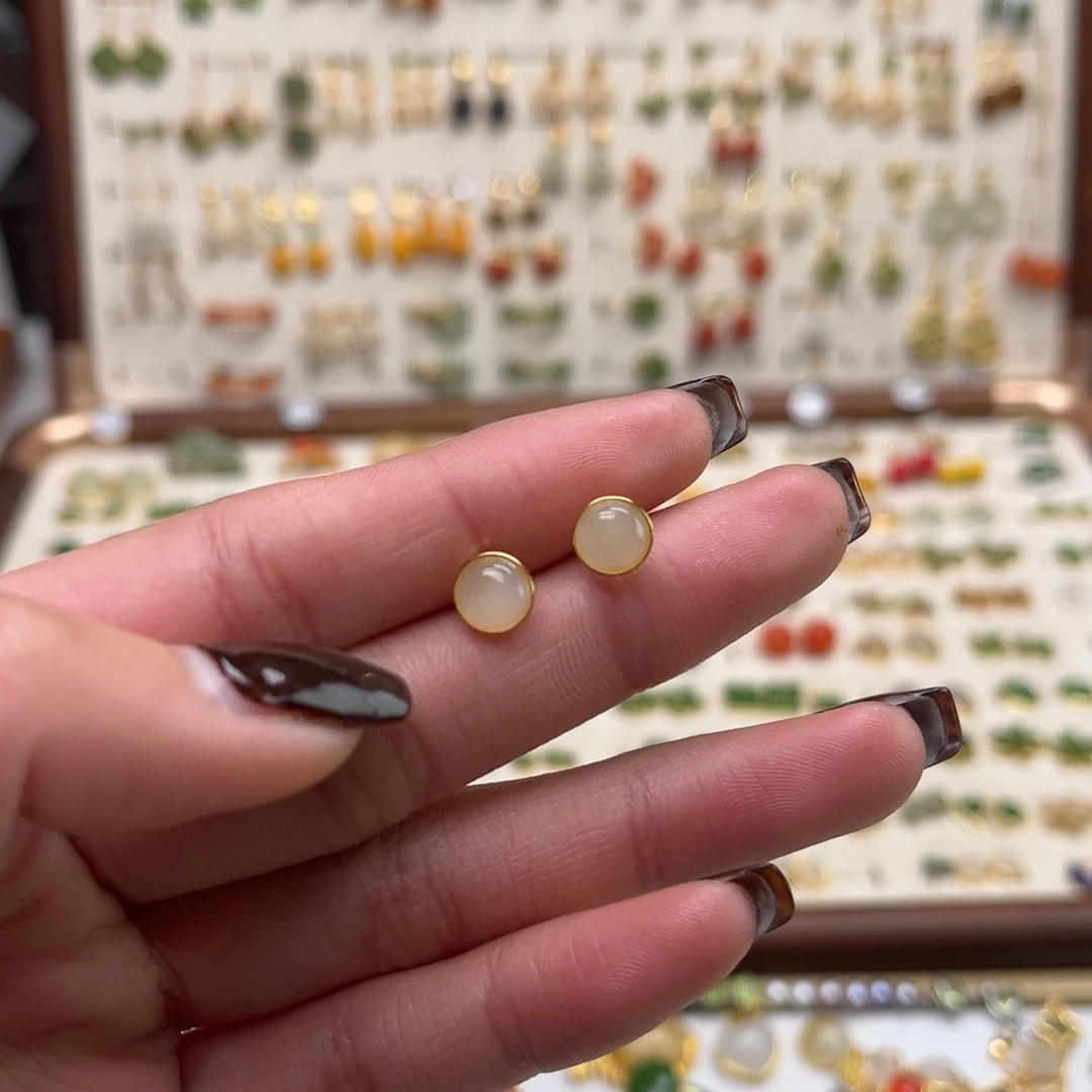 和田玉银S925镀金镶嵌耳饰