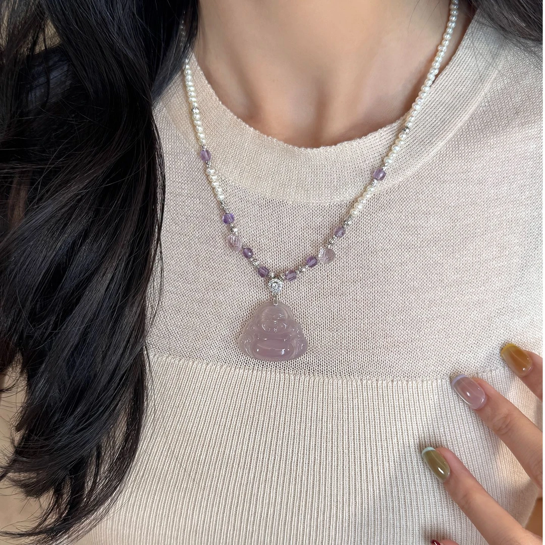 铜合金吊坠 原创显白紫罗兰佛公防珍珠项链配饰锁骨链礼物女轻奢