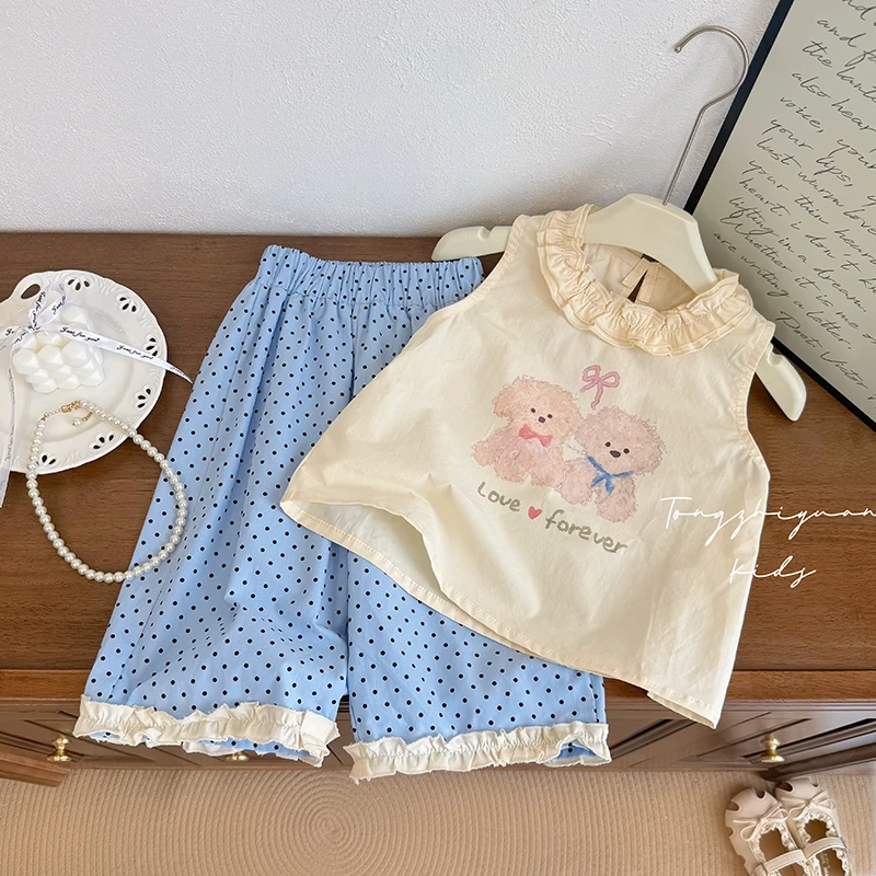 女童夏季新款卡通动漫上衣休闲风套装波点裤时尚洋气品质童装