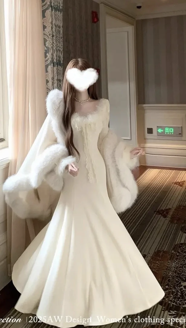 秋冬加绒雪绒莓莓气质蕾丝花边毛绒针织显瘦气质连衣裙