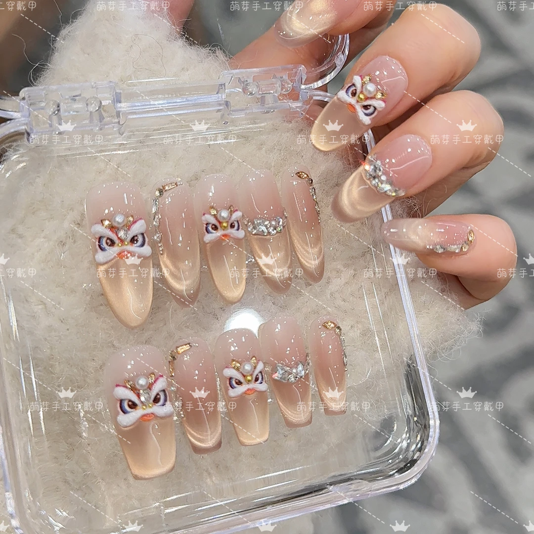 【鎏金醒狮】高品秋冬爆款纯手工穿戴甲绵密猫眼玫瑰高级美甲贴片A
