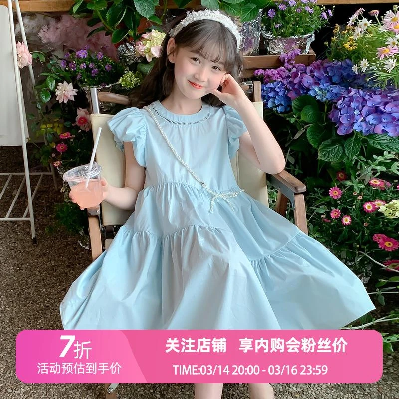 女童裙子夏款2025新款洋气童装女孩夏季休闲泡泡袖儿童夏天连衣裙