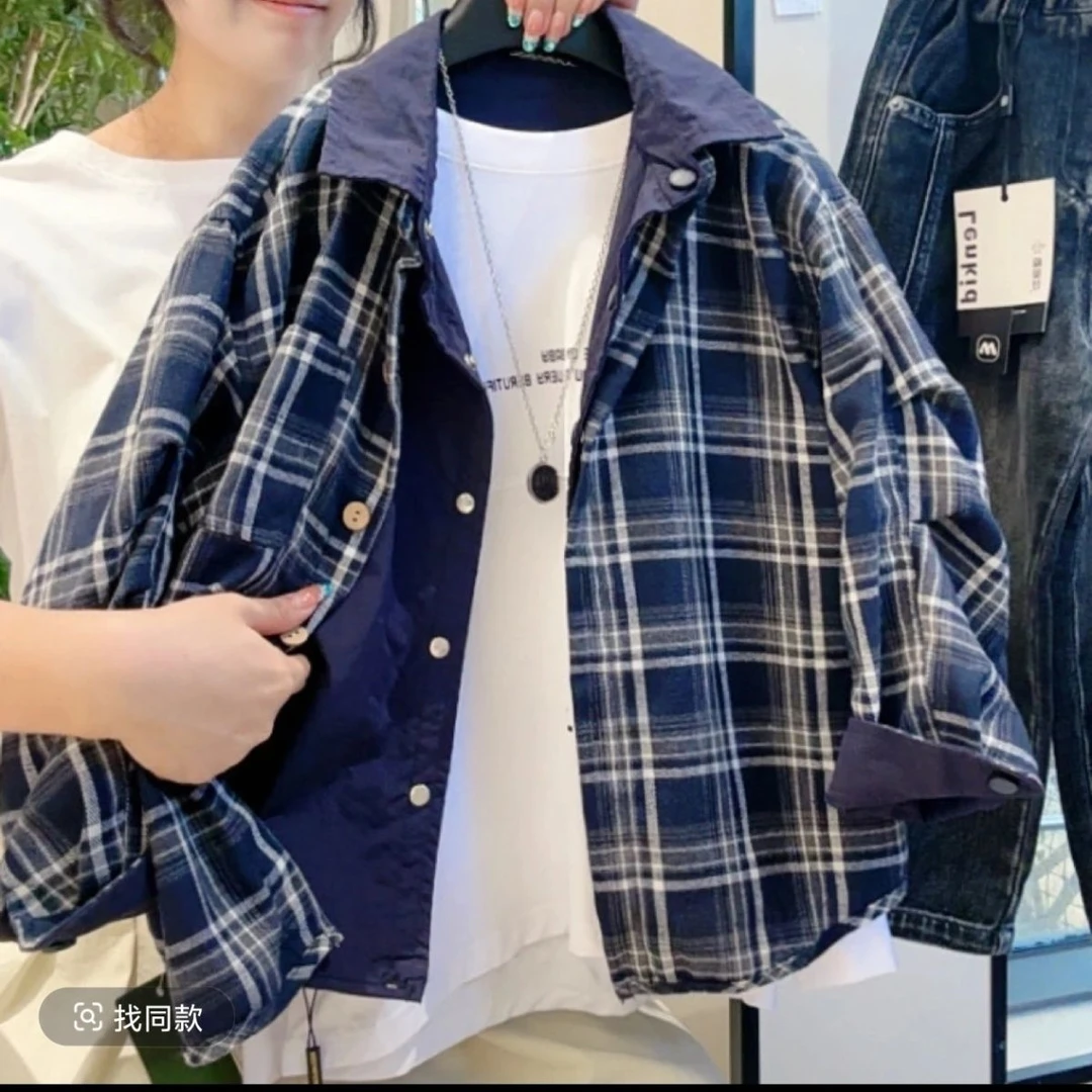 2025款格子上衣宽松单排扣两面穿秋季两件不起球夹克长袖时尚洋气