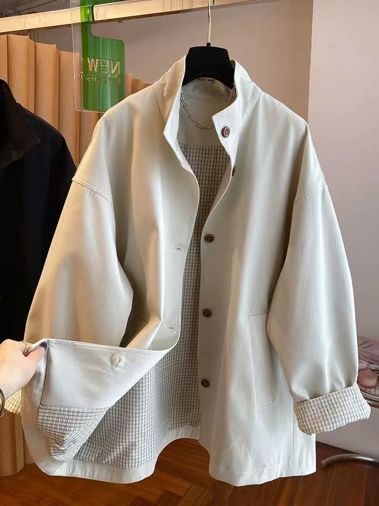 韩国韩版立领风衣外套女春秋2025新款宽松休闲格子内衬中长款大衣