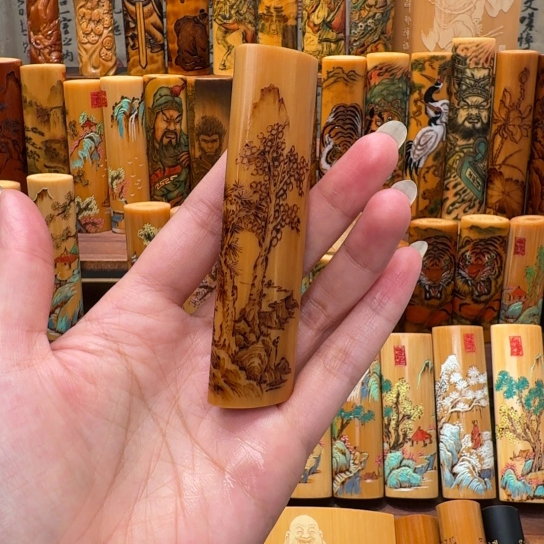 竹火刻山水手工扁圆