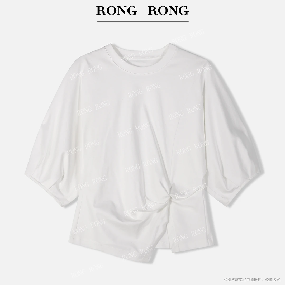 溶溶T【个性风潮】RONG圆领不规则剪裁打结简约百搭短袖25XT1001