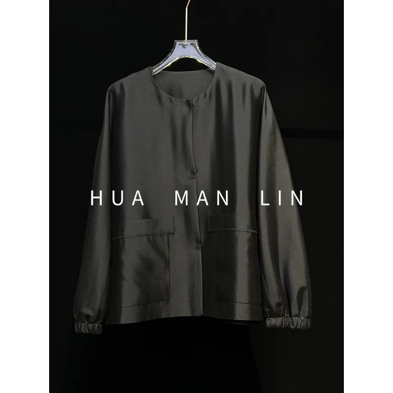 【花满林】圆领正门襟暗扣双口袋真丝桑蚕丝丝毛外套259860