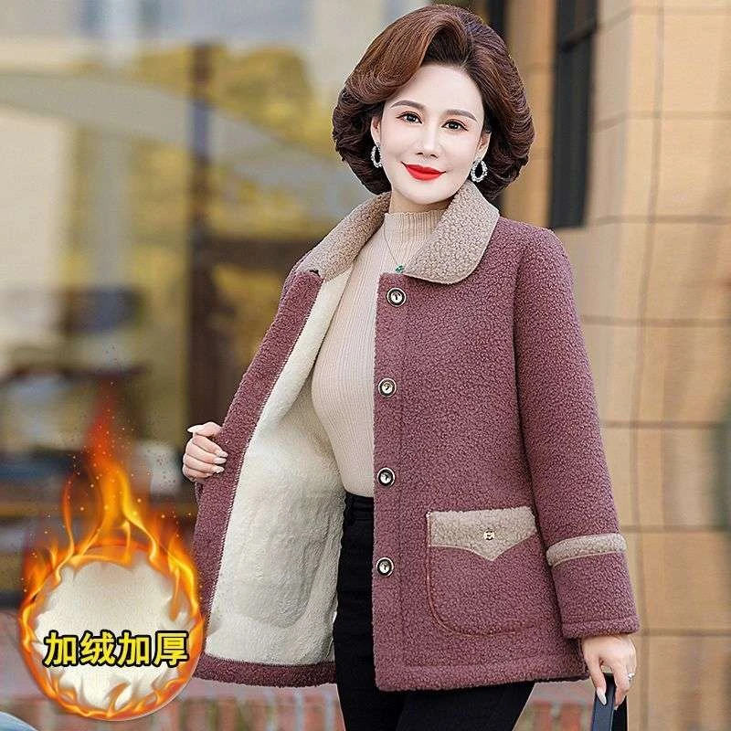 妈妈秋冬装羊羔绒加厚加绒毛呢外套时尚中老年女保暖棉颗粒绒外套