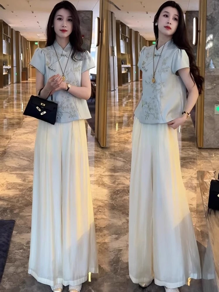 新中式国风套装女2025新款夏季流行洋气盘扣短袖衬衫阔腿裤两件套
