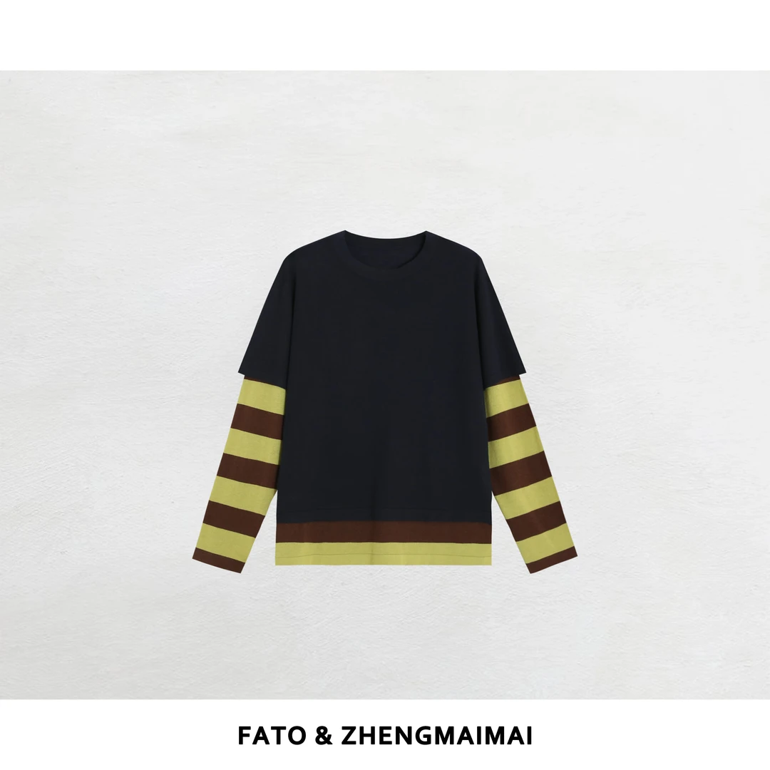 【郑买买】抹茶黑巧 秋冬款时尚条纹撞色高级针织打底衫CC50923M1