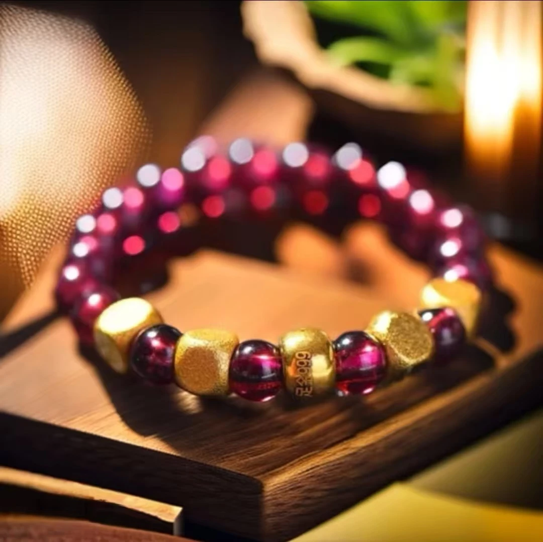 【黄金补贴】足金圆珠搭配天然石榴石戒指【证书，礼盒】X3