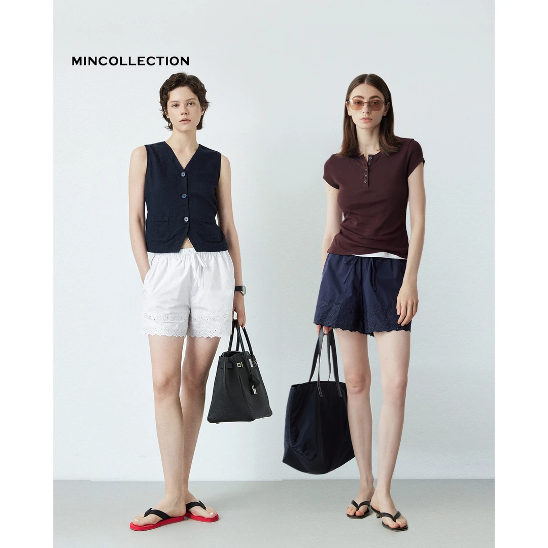 DE Mincollection花边短裤/法式蕾丝刺绣镂空清凉松紧腰短裤40146