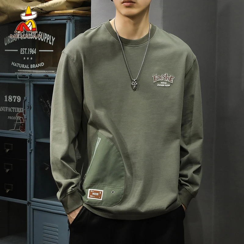 Mexican/稻草人春季重磅纯棉长袖t恤男士美式潮牌打底衫圆领上衣