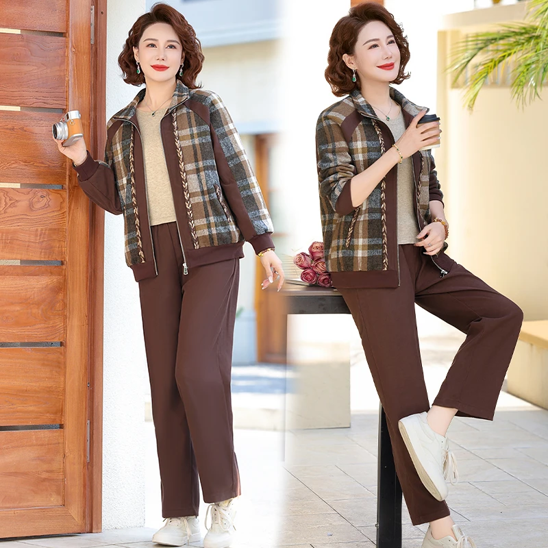 妈妈装春秋款时尚洋气外套裤子两件套中老年女装大码休闲新款套装
