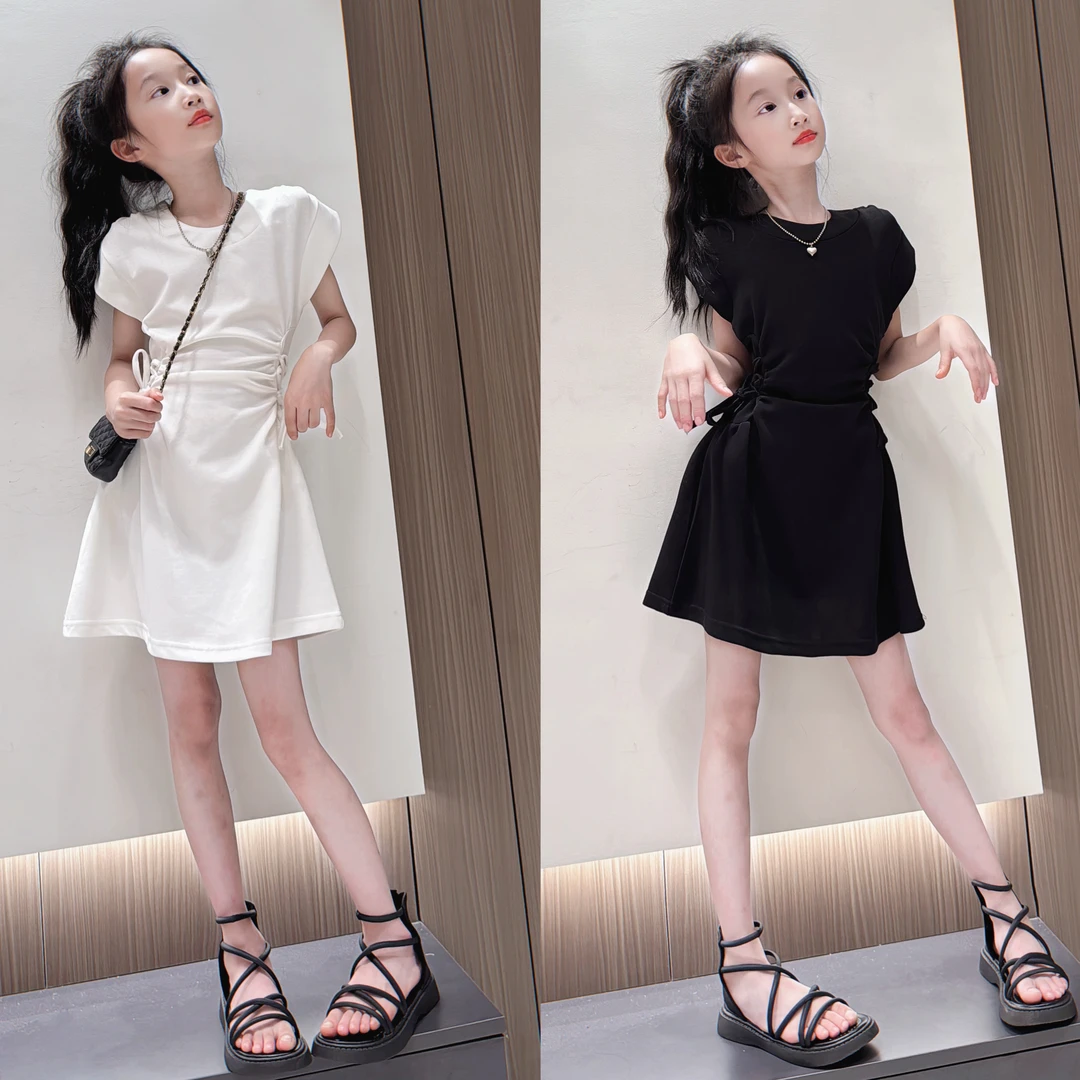 夏季时尚圆领纯色百搭设计感收腰显瘦连衣裙女童抽绳裙子中大童