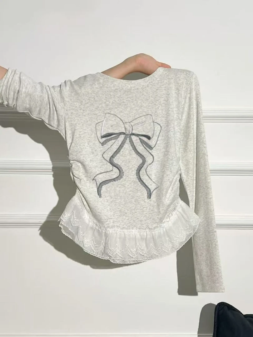 中大童女童蕾丝花边芭蕾风时尚蝴蝶结长袖T恤秋季新款修身版上衣
