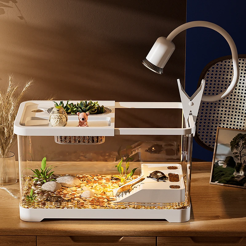 家用带晒台爬台透明塑料乌龟缸生态造景可养金鱼适合客厅桌面