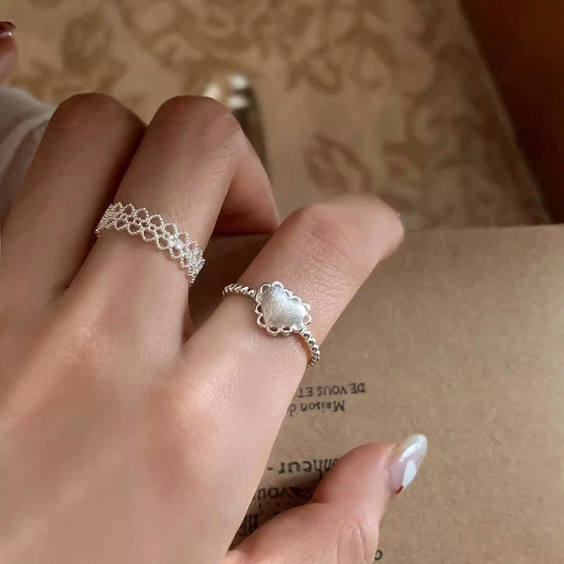 925银戒指 s925银拉丝爱心戒指女轻奢小众风ins蕾丝花边开口指环