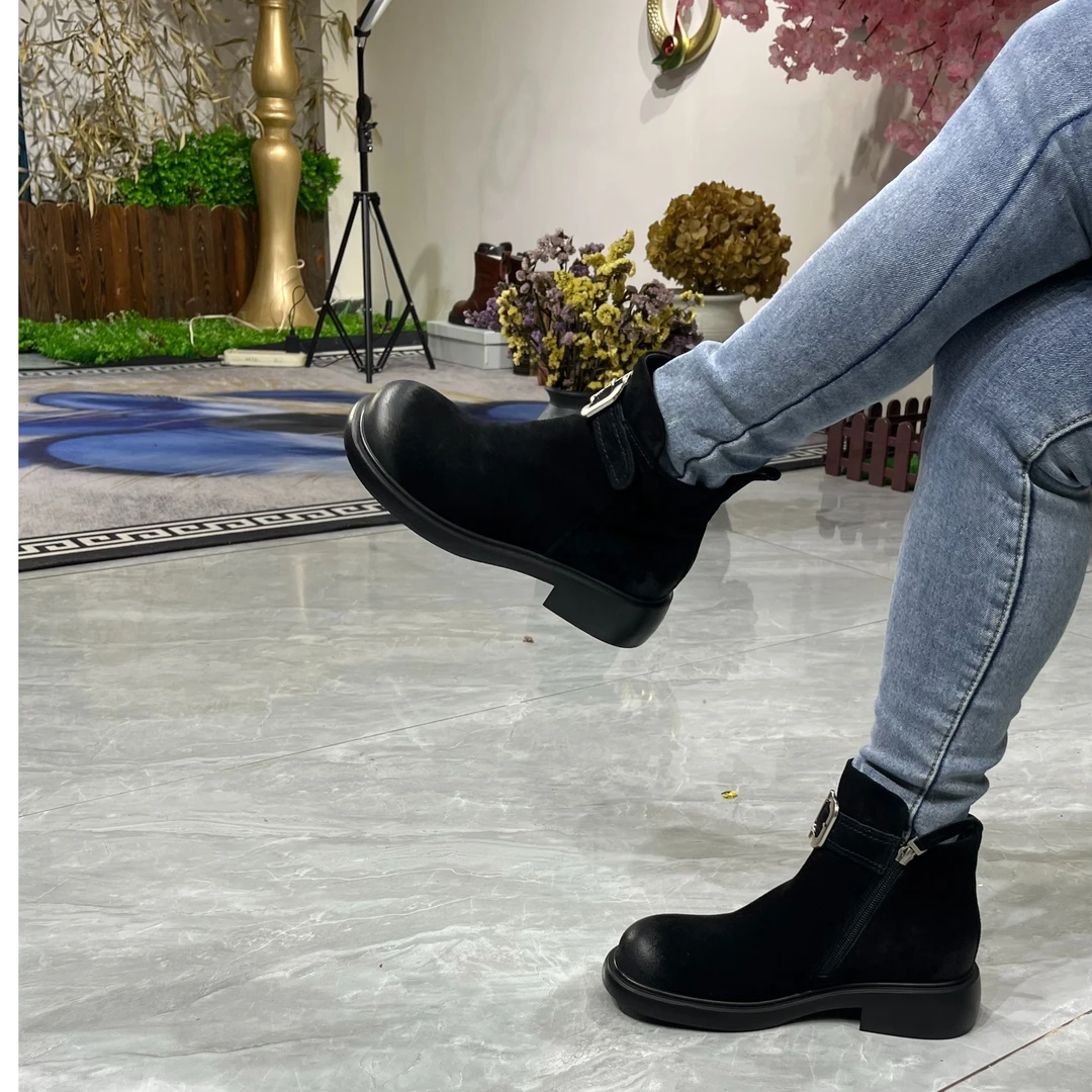 磨砂皮秋冬后拉链复古短筒马丁靴英伦风加绒靴子休闲百搭冬季女鞋