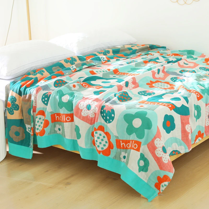 专享【京かわ会社】彩棉纱布毛巾被绿色卡通花200x230