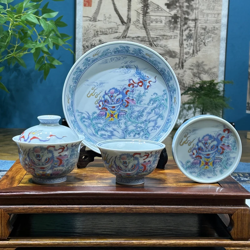 景德镇陶瓷粉彩瓷斗彩醒狮茶具套组高端中式茶器整套功夫茶器