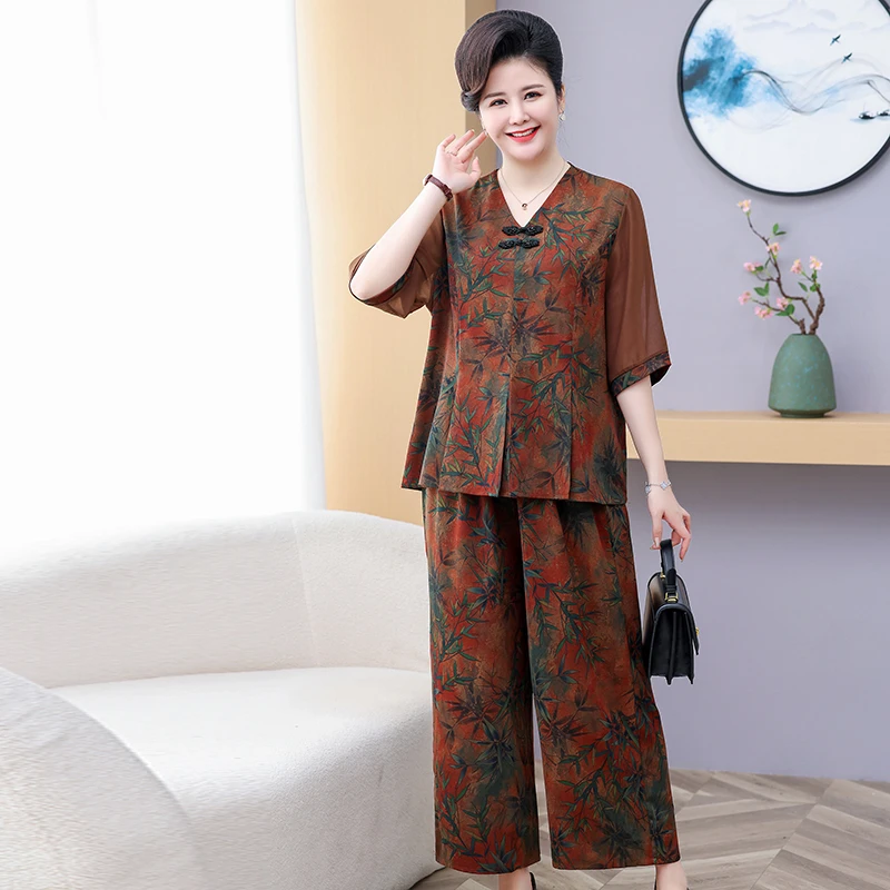 90-210斤中老年大码国风套装薄款夏季休闲妈妈装洋气复古女装