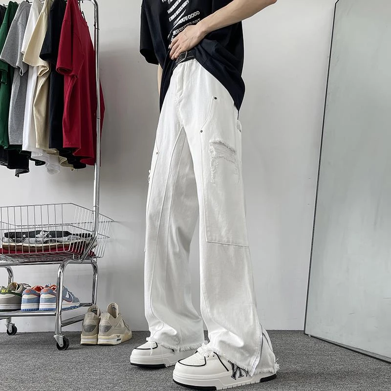 【网红炸街】美式破洞拉链白色牛仔裤男女潮牌高街夏季薄款宽松直
