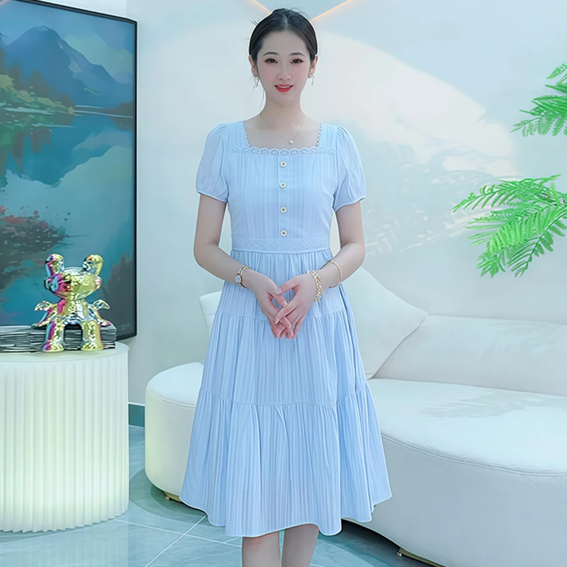简约风休闲短袖连衣裙女士2025年夏季新款宽松显瘦小个子百搭裙子