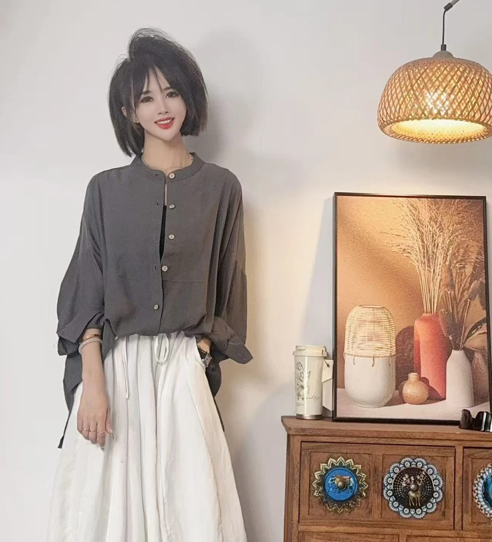 【沐木流浪记】（竹霜）黑灰铜氨丝圆领倒三角时尚女衬衫Z