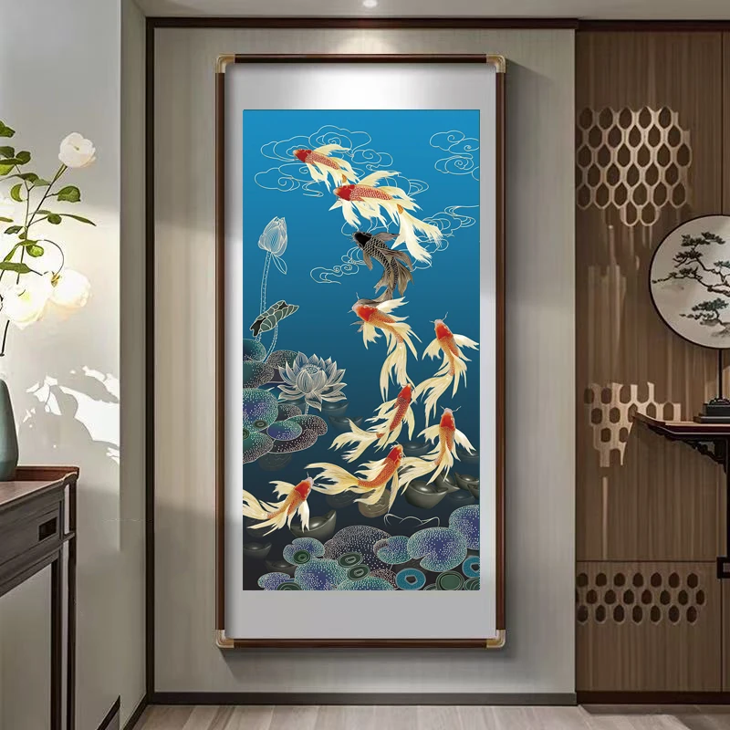 《荷花九鱼图》客厅玄关装饰画金箔手工立体描金 走廊过道楼梯挂画