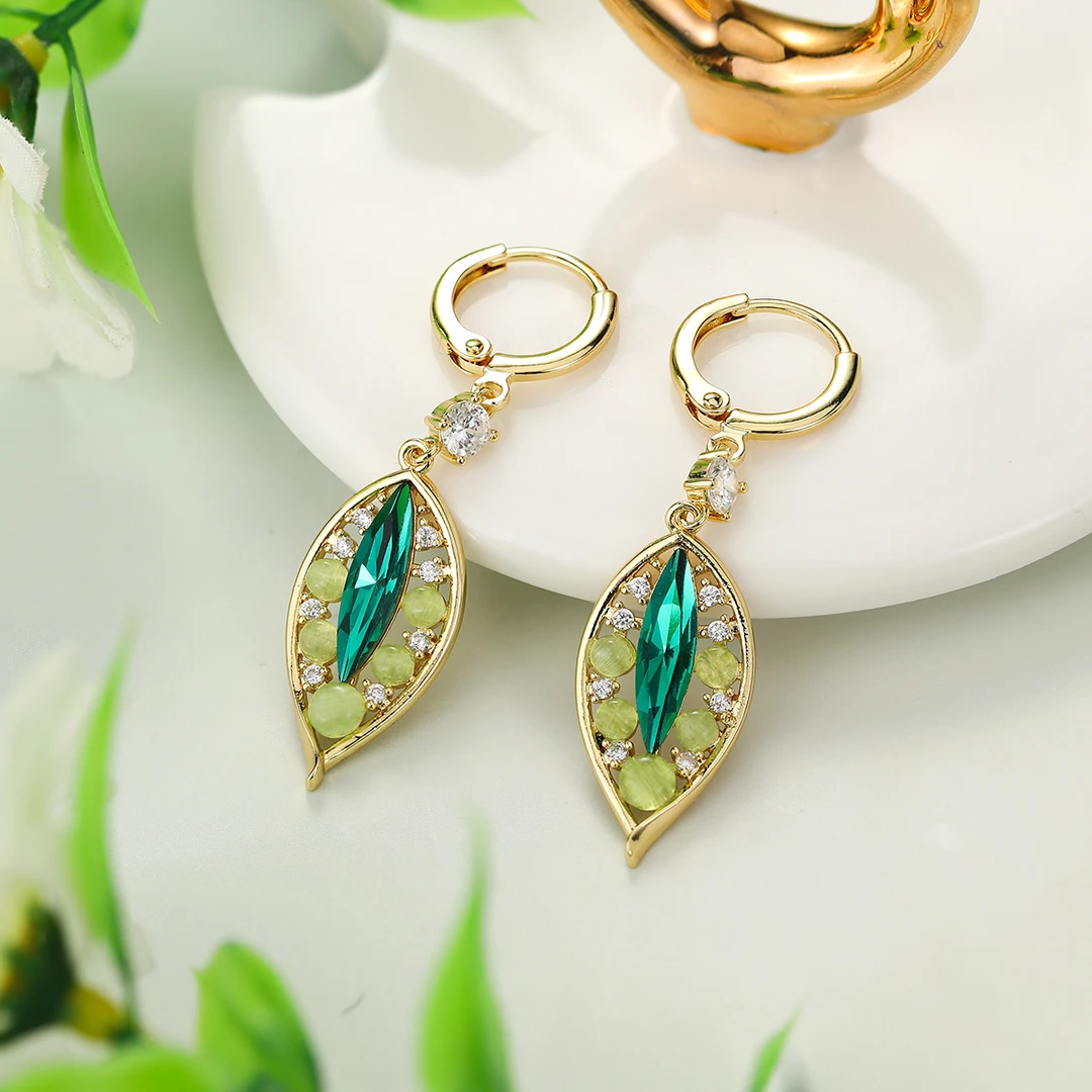 铜合金合成锆石耳饰 春季清新金枝玉叶绿色长款小众原创设计H122