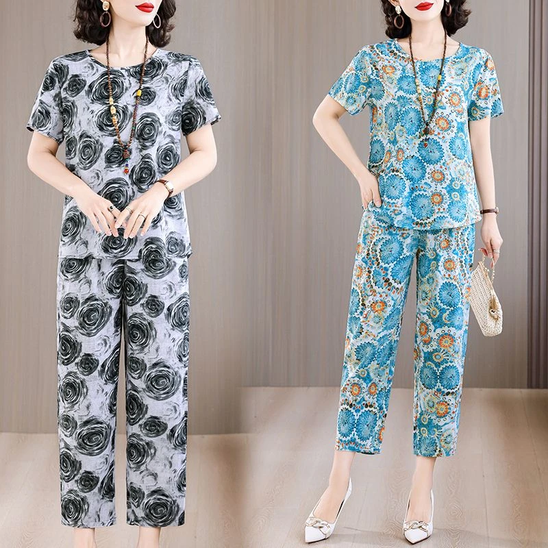 棉绸时尚套装女夏季新款洋气宽松显瘦休闲人造棉短袖两件套可外穿