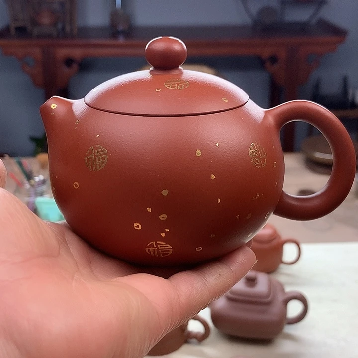 茶壶紫砂全手工朱泥加描金，西施壶300容量