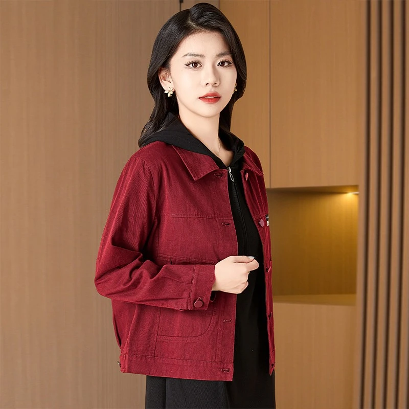 设计感纯色翻领牛仔短外套女2025春秋季新款百搭通勤显瘦夹克上衣