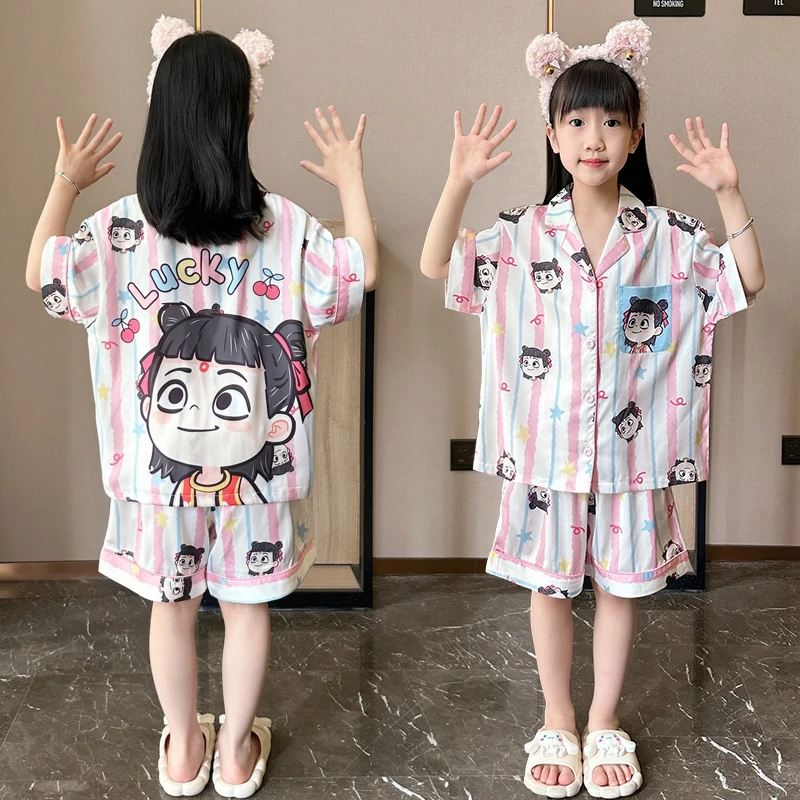 夏季新款女士冰丝睡衣短袖套装大码女款洋气甜美风卡通休闲家居服