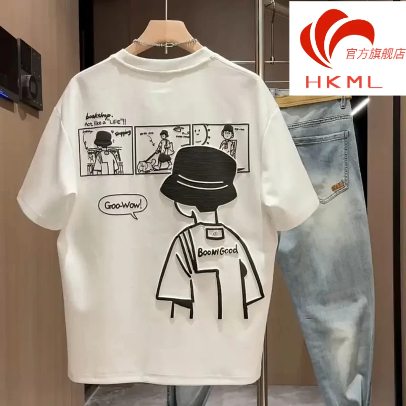 夏季新款男士2025短袖休闲卡通印花圆领上衣百搭半袖潮牌打底T恤