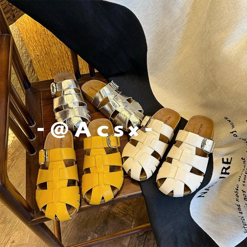 【阿茶】油蜡复古~2025夏季新款编织透气软底软面外穿勃肯拖鞋女