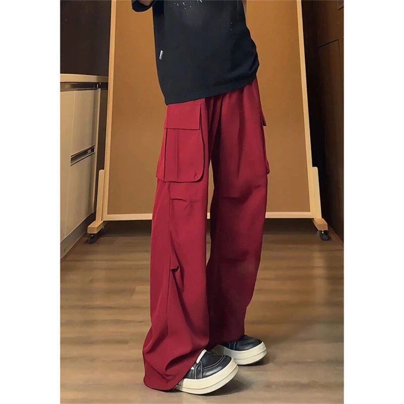 酒红色彩色系工装裤男夏季美式大口袋冲锋裤子男士宽松休闲阔腿裤