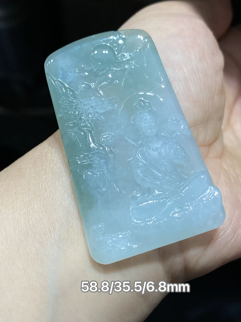 缅甸翡翠A货糯冰晴底山水观音牌子挂件项坠天然玉石精雕包邮证书