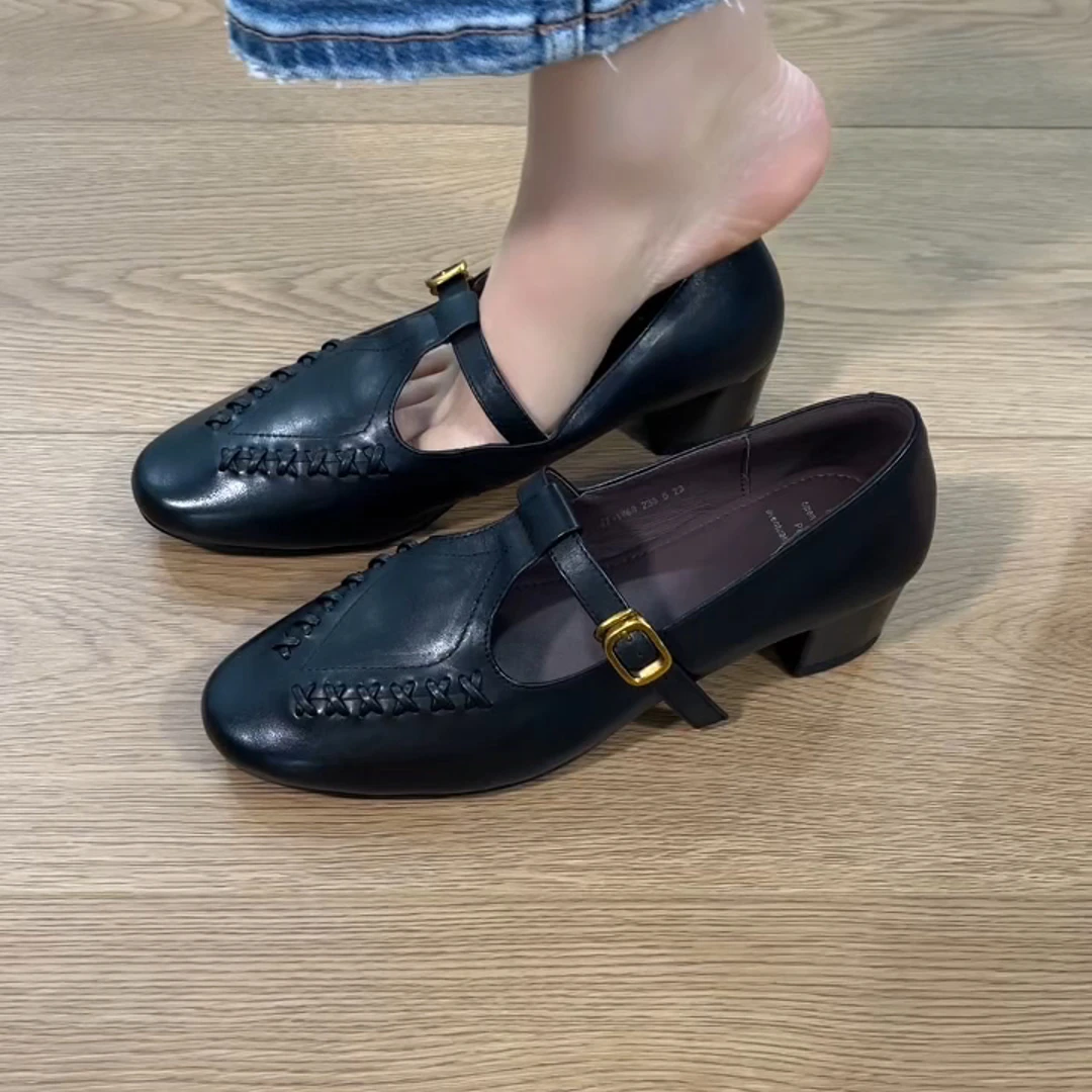 2025新款通勤复古风百搭浅口编织粗跟气质舒适真皮女士时尚单鞋