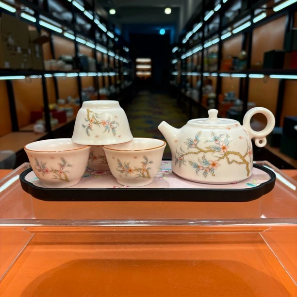 秋香茶具  粉色汝窑喜上眉梢德钟壶一壶四杯小套组（无礼盒）-2089