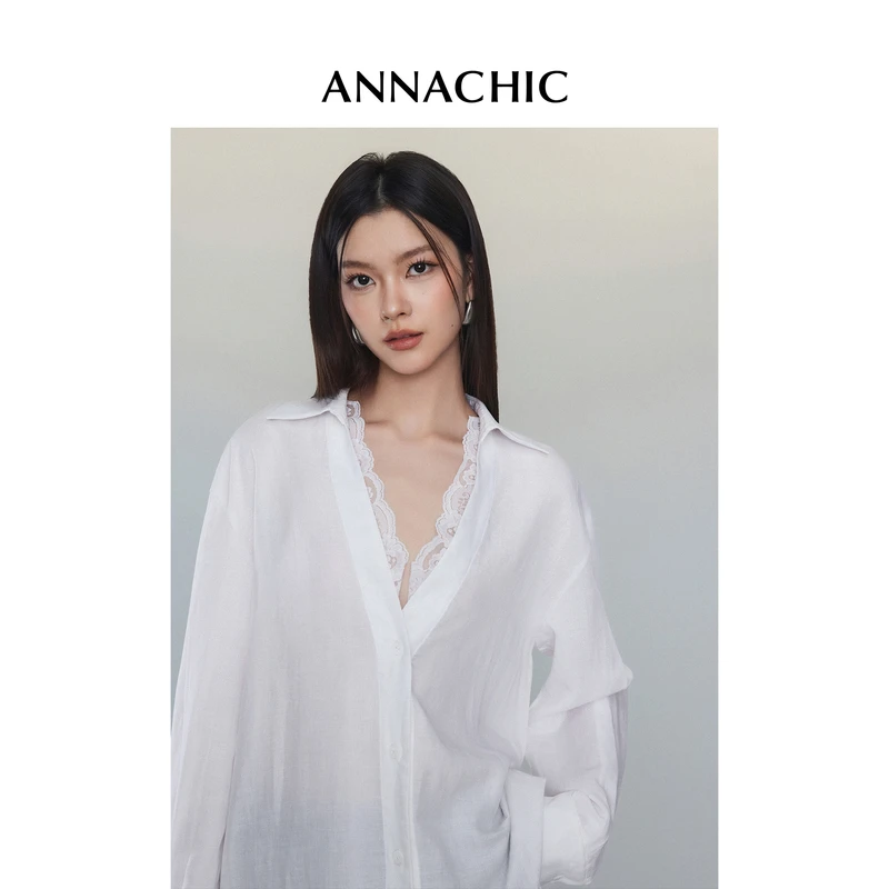 ANNACHIC白色蕾丝拼接衬衣女2025年春季法式浪漫V领长袖衬衫上衣
