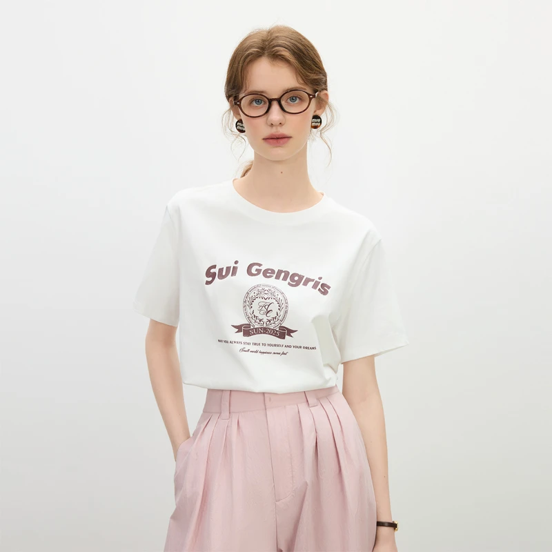 范思蓝恩正肩印花T恤夏装新款韩系宽松简约图案休闲上衣25FS12325