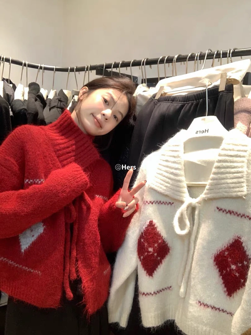 灰灰呀！圣诞新年氛围感！韩系复古菱格翻领毛衣外套针织开衫上衣