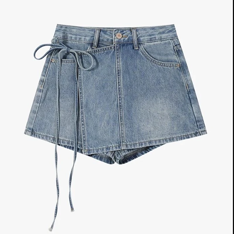 蝴蝶结绑带假两件牛仔裙裤女2025夏季潮流设计感个性百搭牛仔短裤