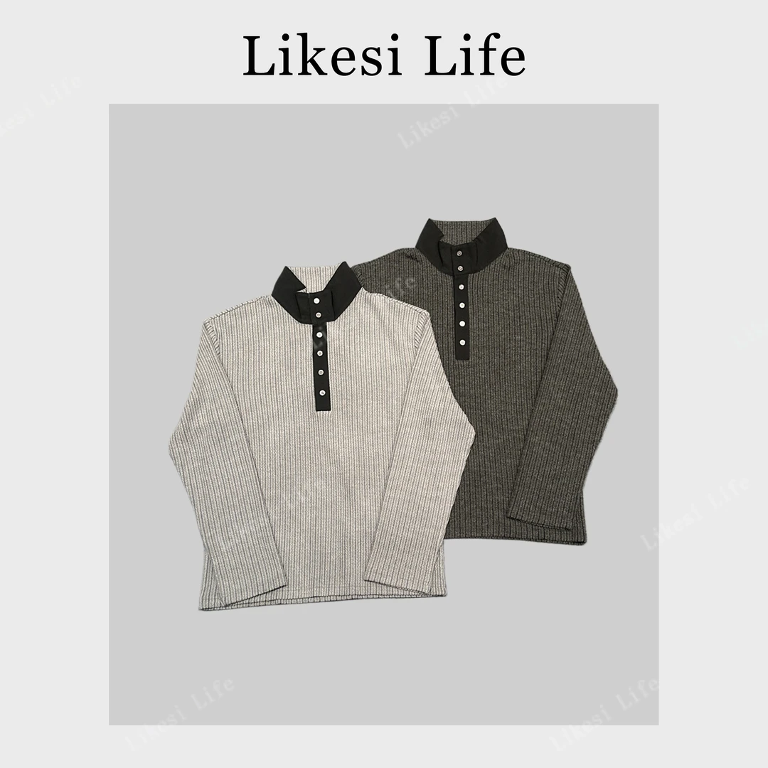 LIKESI&李克斯“青川”25秋季高级感立领长袖绞花肌理宽松T恤6304#